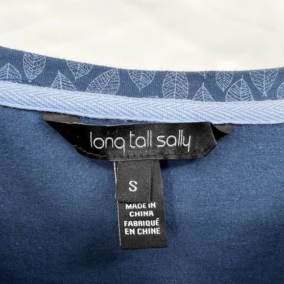 Long Tall Sally Womens S Blue Leaf Print Long Sleeve Blouse Cotton Knit Boatneck - Picture 3 of 4